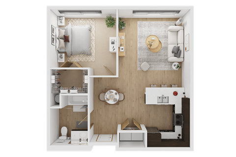 A top-down view of a small apartment with a kitchen, living room, and bathroom  at Spyglass Hill Apartments, Bremerton, 98337